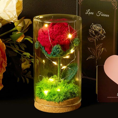 Rosa Crochet en Cúpula de Vidrio con Luz LED 16 cm