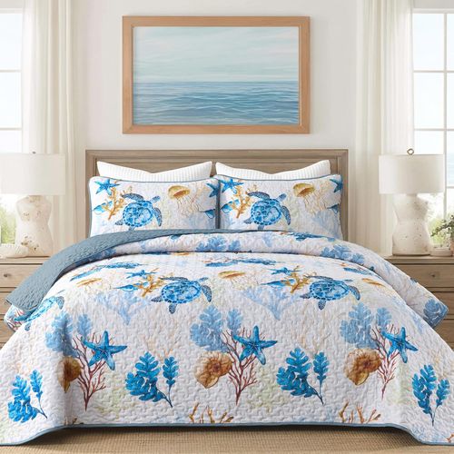 Colcha Queen 3 Piezas Reversible Tortuga Marina