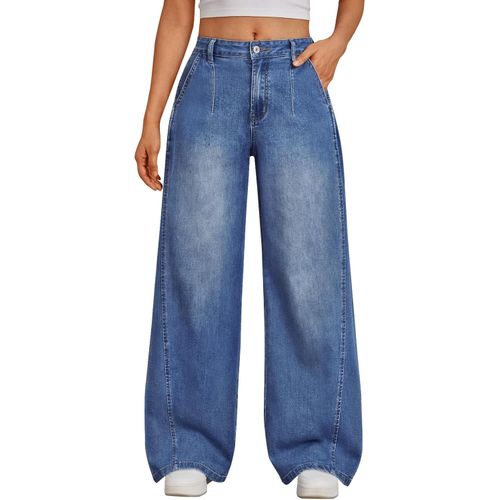 Jeans Mujer Pierna Ancha con Pliegues Laterales