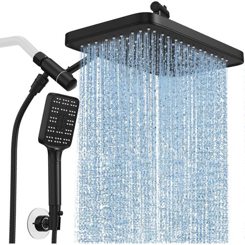 Cabezal de ducha doble Rainfall con spray ajustable en negro