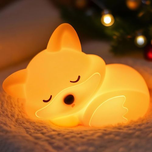 Luz nocturna de zorro para niños y niñas, lámpara de animal de silicona blanda