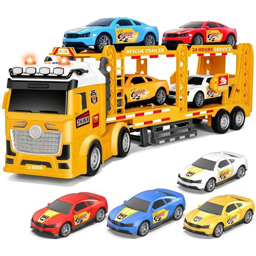 Camión transportador de carreras de 54,6 cm con 4 autos