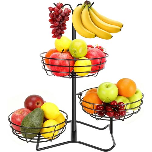 Canasta metálica de frutas de 3 niveles con 2 ganchos para plátanos