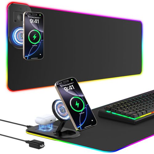 Alfombrilla RGB para juegos con carga inalámbrica y soporte para teléfono