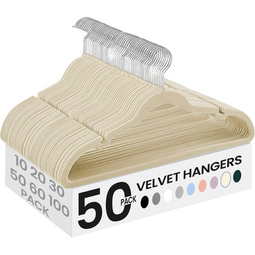 Perchas de terciopelo antideslizantes, paquete de 50, color arena