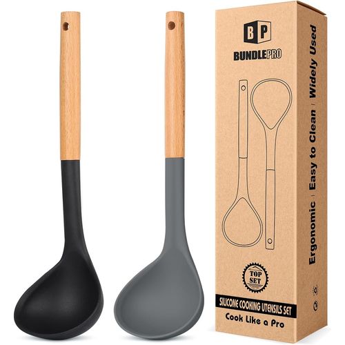 Juego de 2 cucharones de silicona con mango de madera