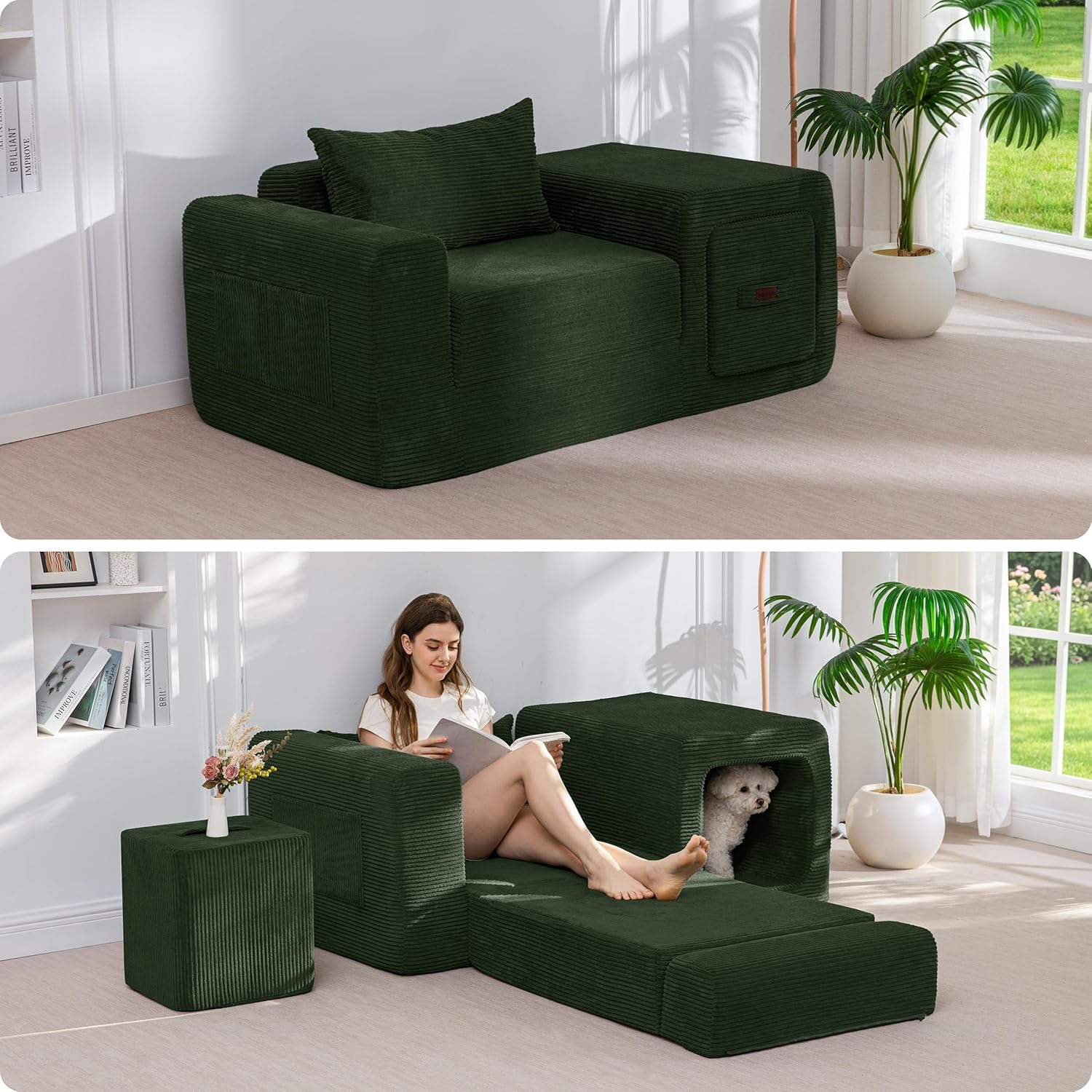 Sofá plegable convertible verde oscuro con almohada y bolsillos