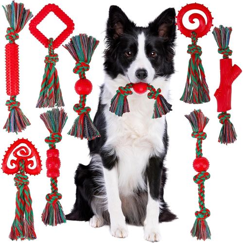 Paquete de 8 juguetes navideños de cuerda y goma para perros