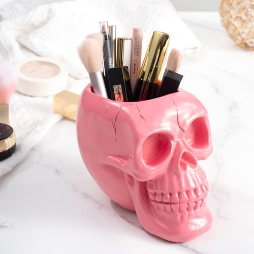 Portalápices decorativo de calavera rosa de resina