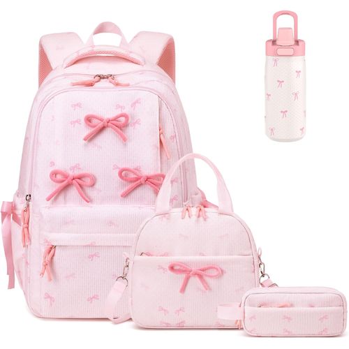 Mochila escolar de pana con lazo rosa y blanco, set de 4 piezas
