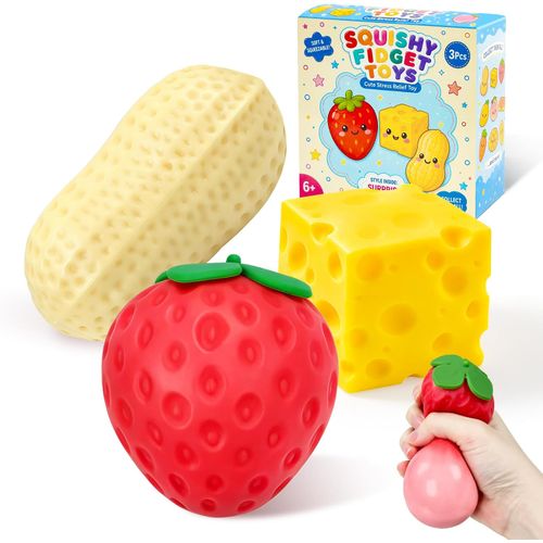 Set de 3 juguetes squishy con formas de fresa, maní y queso