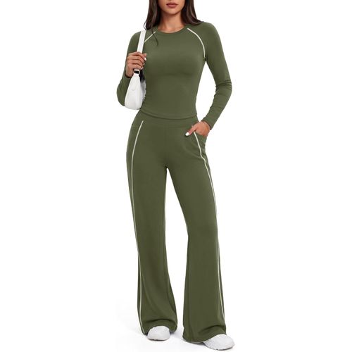 Conjunto deportivo de 2 piezas para mujer, camiseta de manga larga y pantalón acampanado