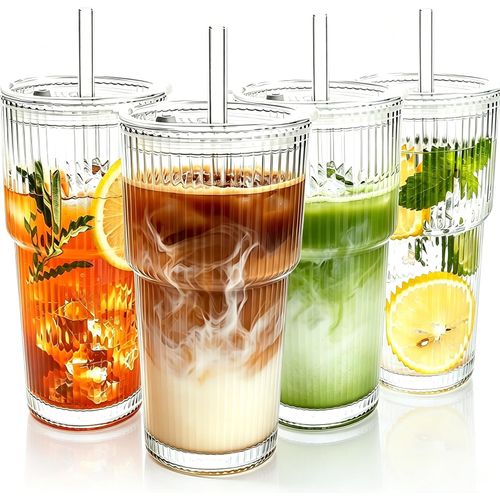 Juego de 4 vasos acanalados de vidrio con tapas y pajitas, 591 ml