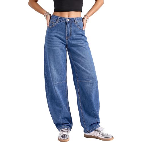 Jeans de mezclilla para mujer de cintura alta y corte barrel