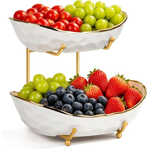YUNLINLI Frutero para encimera de cocina, cesta de frutas de cerámica de 2 niveles