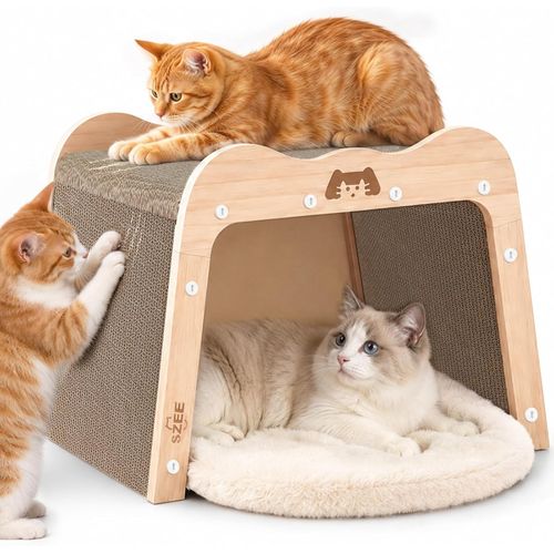 Cama rascador para gatos y casa de cartón de madera maciza para gatos