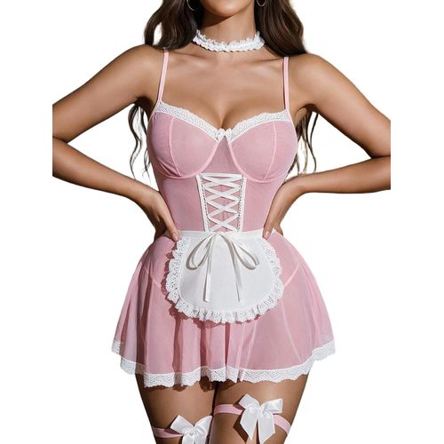 Disfraz de sirvienta de Halloween para mujer, lencería de malla para cosplay, Rosa