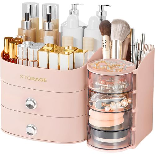 Organizador de maquillaje giratorio con cajones, rosa
