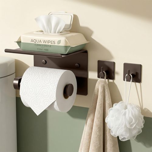 Portarrollos de baño con estante para teléfono y 2 ganchos, bronce