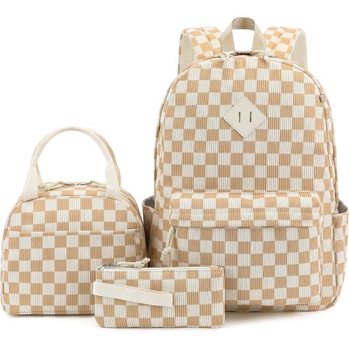 Juego de mochila escolar de pana a cuadros para niña, 3 piezas, marrón