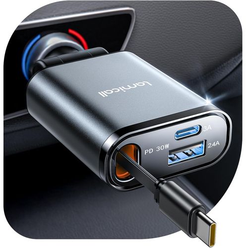 Cargador retráctil para auto USB-C de 57 W, 3 puertos