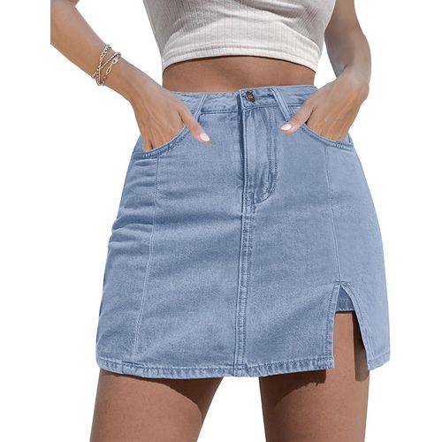 Falda short de mezclilla elástica, cintura alta y abertura