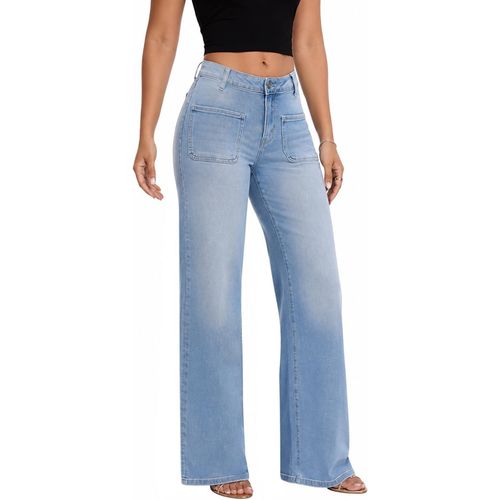 Jeans para mujer de pierna ancha con bolsillos frontales grandes