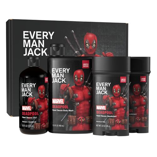 Every Man Jack Deadpool Set con champú 2 en 1, desodorante y gel de baño