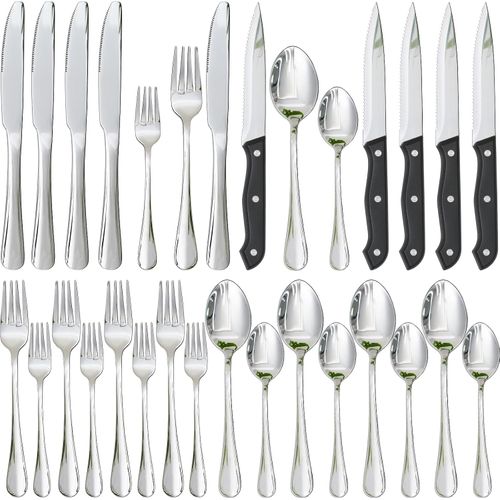 Juego de cubiertos con cuchillos de carne,de 24 piezas en acero inoxidable