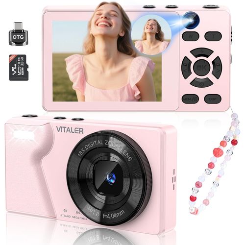 Cámara digital 4K con lente trasera delantera, enfoque automático y tarjeta