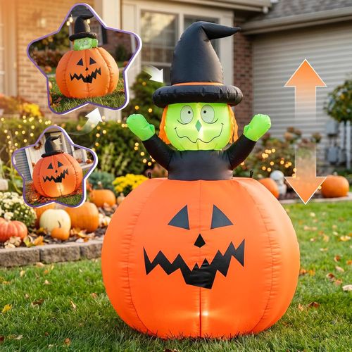 Decoración inflable de Halloween de 4 pies con imagen de calabaza y bruja