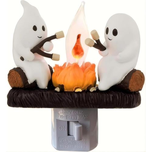 Luz nocturna de fantasmas asando malvaviscos, lámpara de Halloween con enchufe