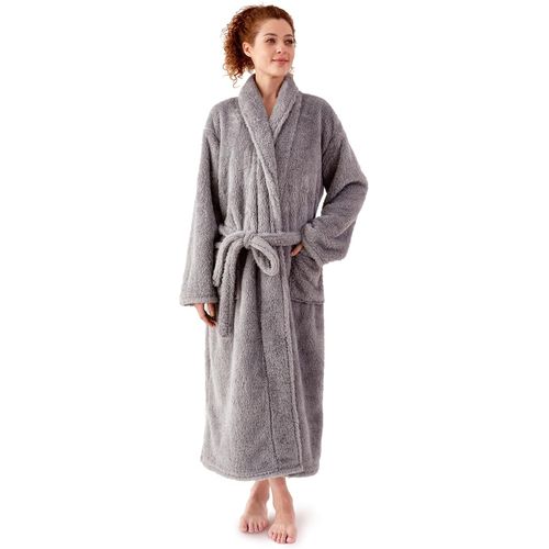 Bata de baño larga premium de felpa suave para mujer con cuello tipo chal
