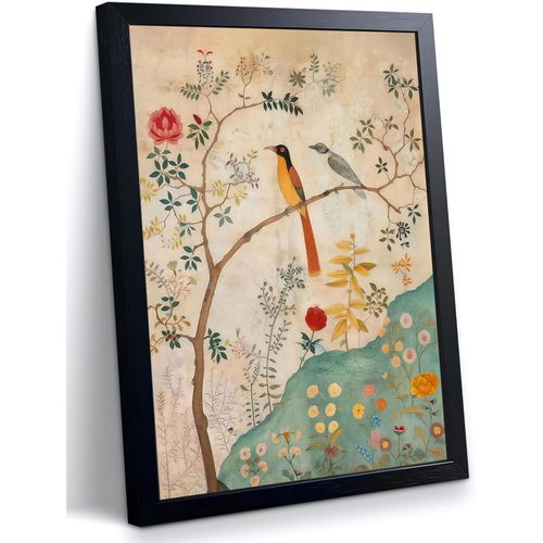 Arte de pared en lienzo enmarcado con pájaro y flores vintage
