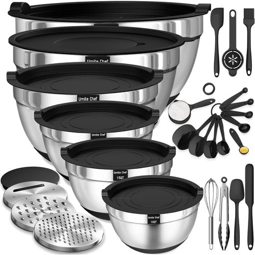 Juego de 26 Bowl de acero inoxidable gruesos y resistentes, con tapa y accesorios
