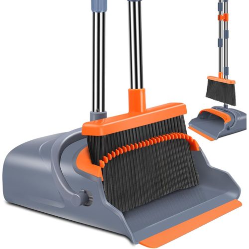 Juego de escoba y recogedor autolimpiante gris y naranja