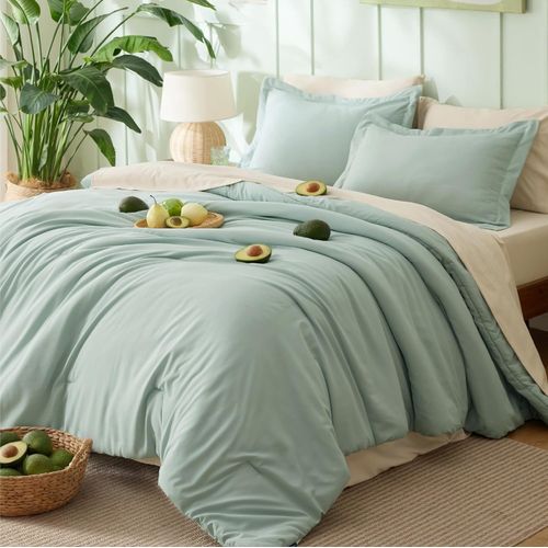 Juego de cama Queen de 7 piezas verde salvia y beige