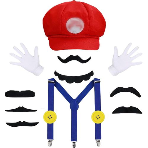 Sombrero de Bros Mary & Luigi para disfraz de bigotes y guantes botones