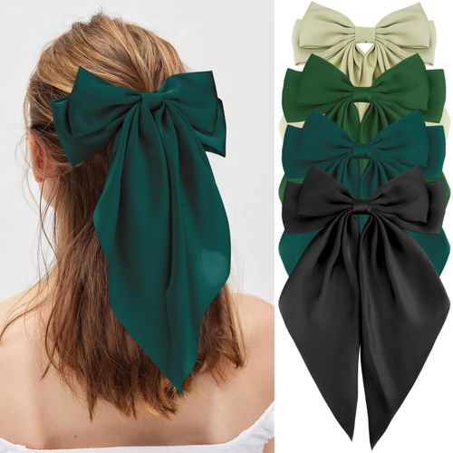 Juego de 4 Lazos Verdes de Satén con Pinza para el Cabello