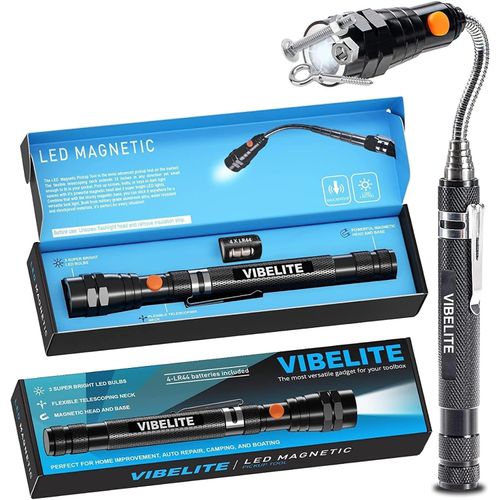 Linterna de VIBELITE portátil con 3 luces LED. Telescópica, flexible, extensible.