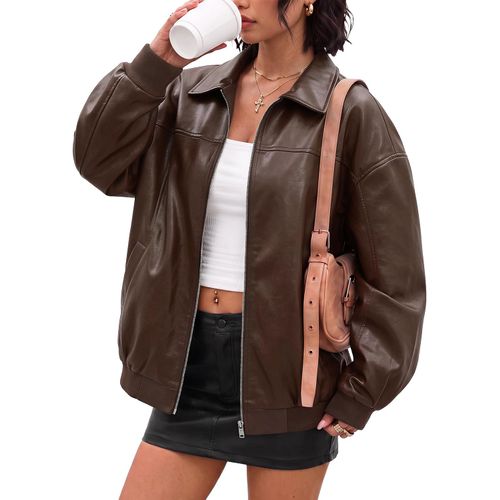 Chaqueta Bomber de Cuero Sintético para Mujer