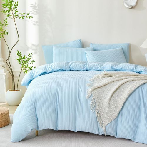 Edredón Queen a Rayas Azul Claro con 2 Fundas, 3 Piezas