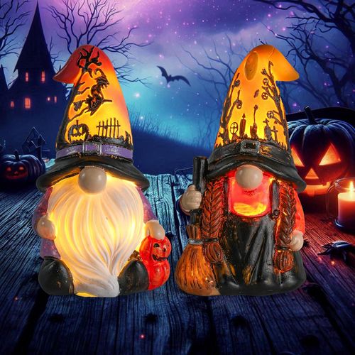 Gnomos de Halloween y figuras de bruja – Paquete de 2 adornos de gnomos de otoño