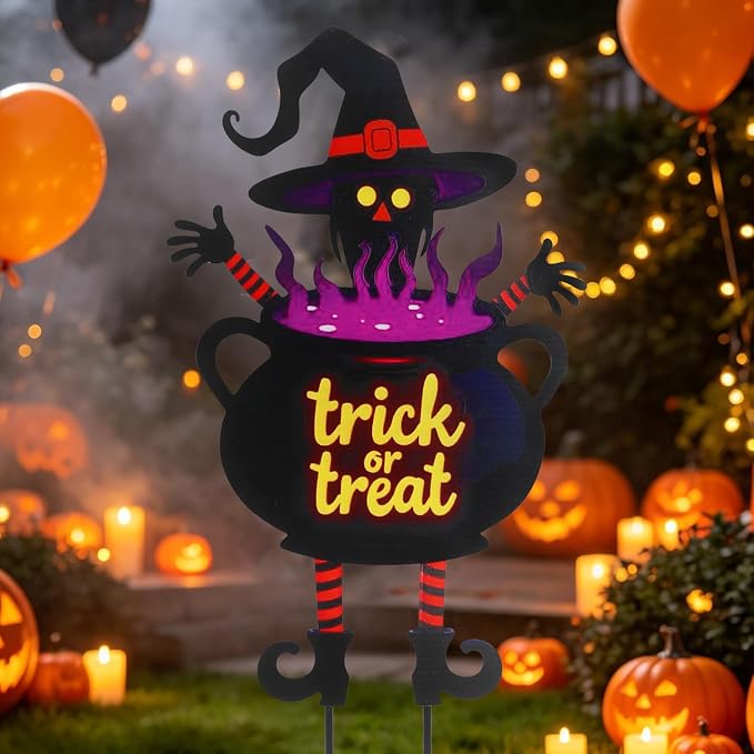 Caldero de Halloween con decoración de bruja de 39.7 pulgadas con letrero