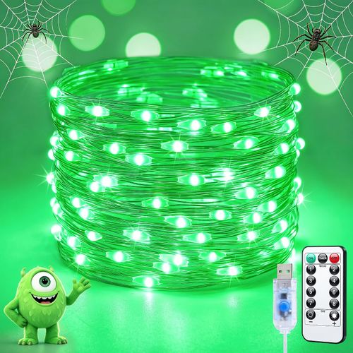 Guirnalda de 100 luces LED verdes enchufables con control remoto, cadena USB de 33 pies