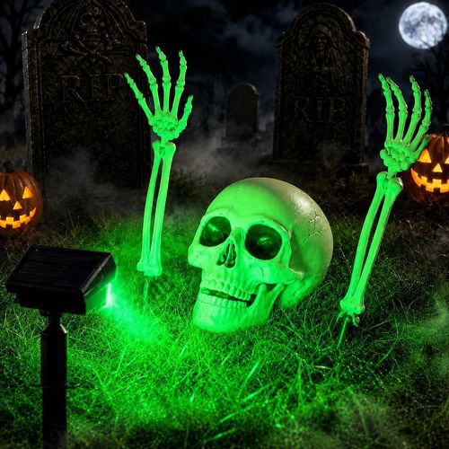 Luces solares de Halloween para exteriores con cabeza y manos de esqueleto