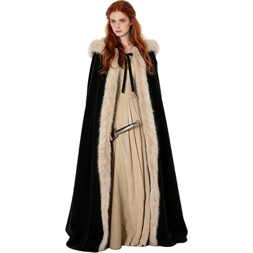 Capa con capucha de piel vikinga, capa medieval de terciopelo con capucha