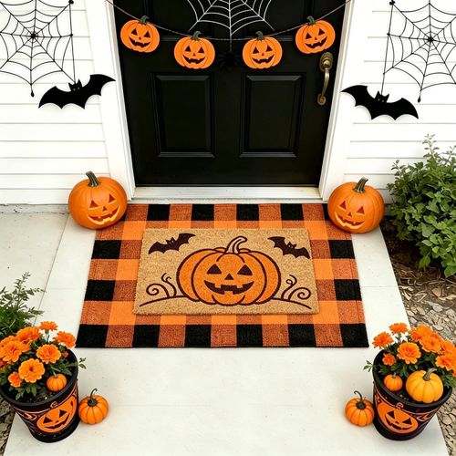 Tapete de calabaza en capas de Halloween, tapete de fibra de coco naranja y negro
