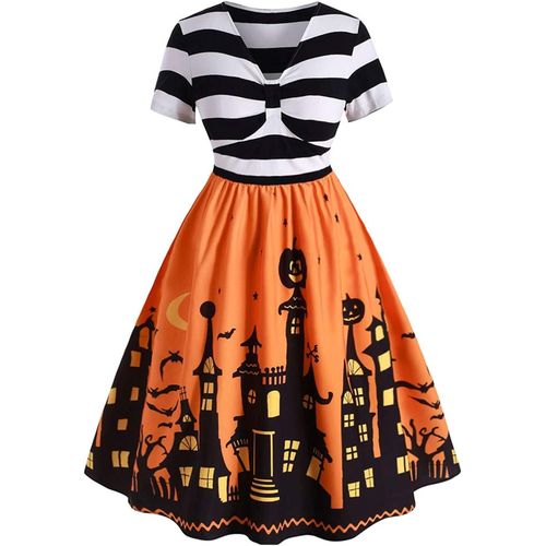 Vestido de Halloween para mujer, talla grande, divertido disfraz de calabaza a rayas