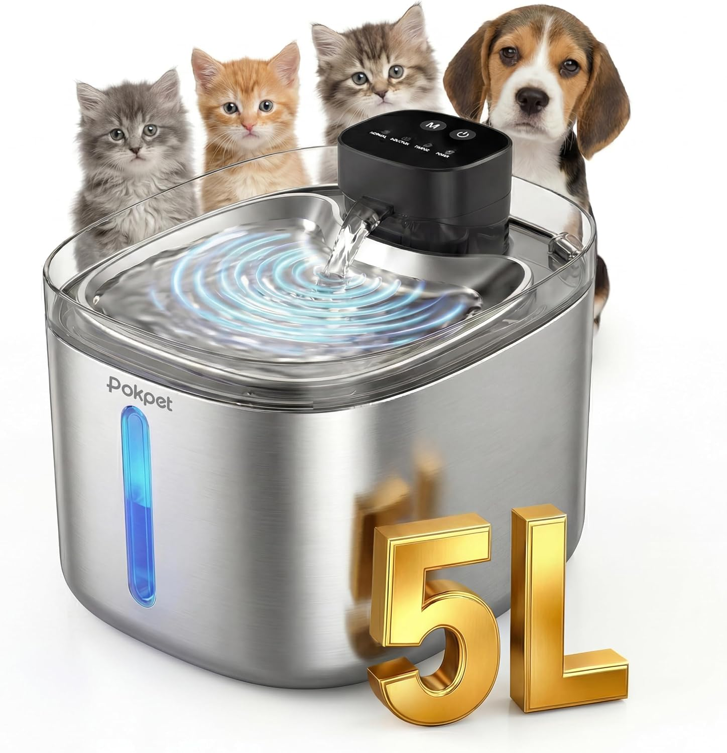 Fuente de agua para gatos y perros, 5L/169 onzas líquidas, de acero inoxidable